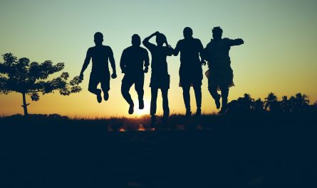 silhouette of people standing on grass field during sunset